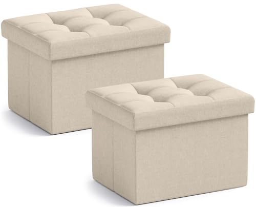 Pair of Beige Fabric Ottomans with Nailhead Trim