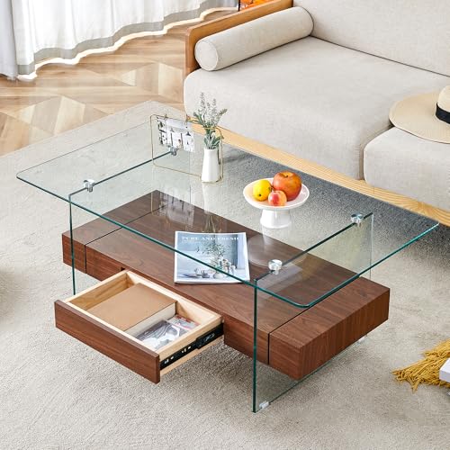 Glass and Wood Two-Tier Coffee Table