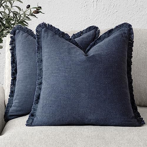 Textured Navy Blue Tassel Throw Pillow