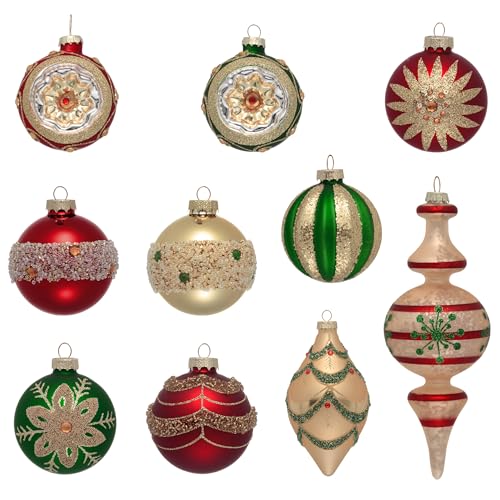 Collection of Crimson, Verdant, and Gilded Glass Holiday Ornaments