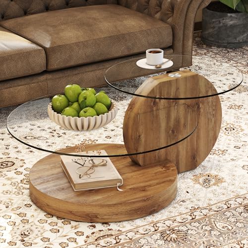 Round Glass Coffee Table with Artistic Wooden Base