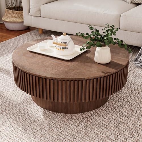 Round Wooden Coffee Table with Hidden Drawer